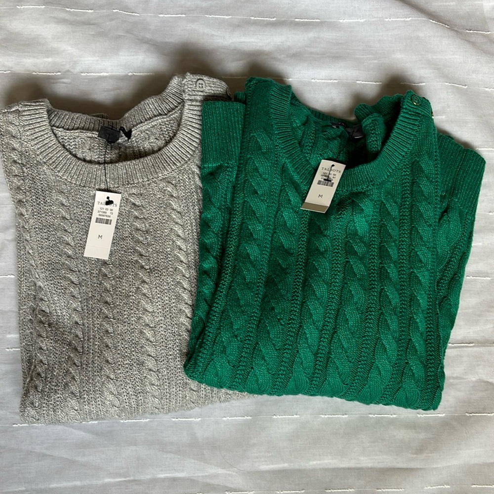 Talbots Soft Cable Crewneck Sweaters. Verdant Green/ Grey Sky Heather Metallic